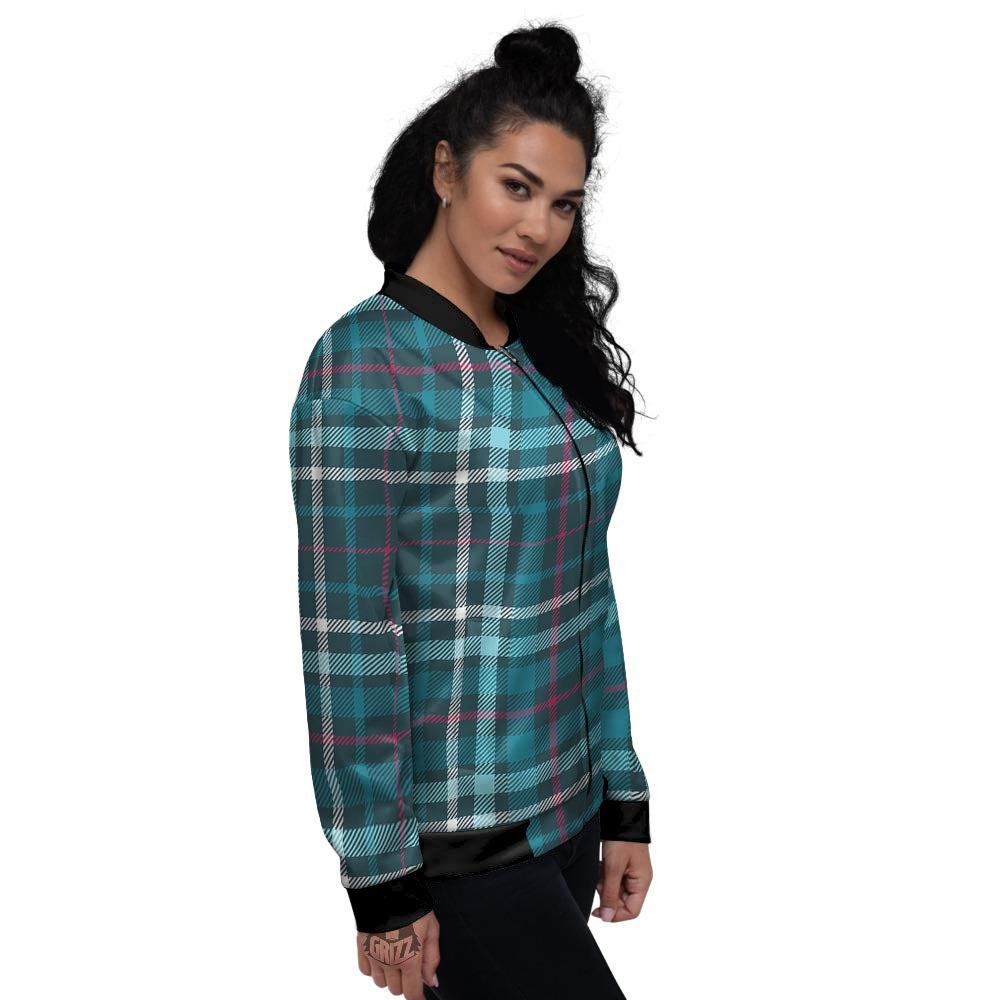 Plaid Teal Print Pattern Women's Bomber Jacket-grizzshop