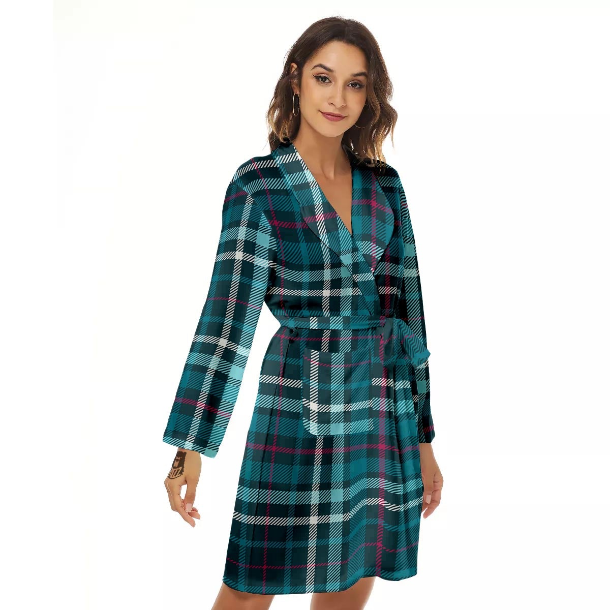 Plaid Teal Print Pattern Women's Robe-grizzshop