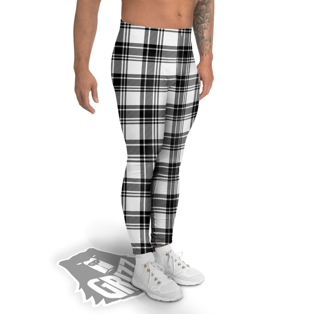 Plaid White And Black Print Pattern Men's Leggings-grizzshop