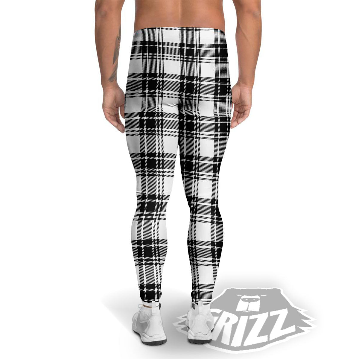 Plaid White And Black Print Pattern Men's Leggings-grizzshop