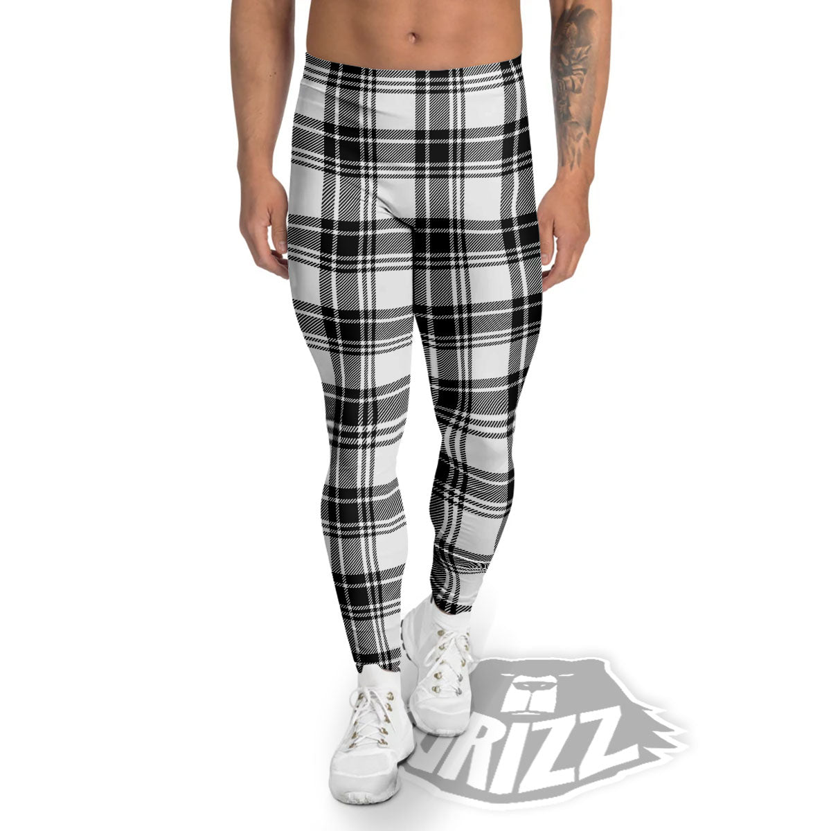 Plaid White And Black Print Pattern Men's Leggings-grizzshop