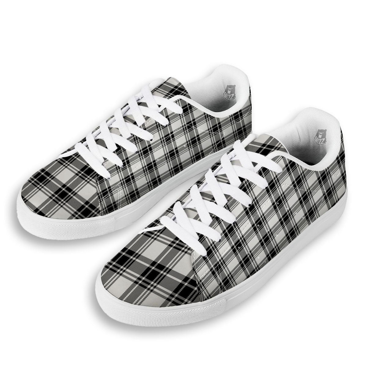 Plaid White And Black Print Pattern White Low Top Sneakers-grizzshop