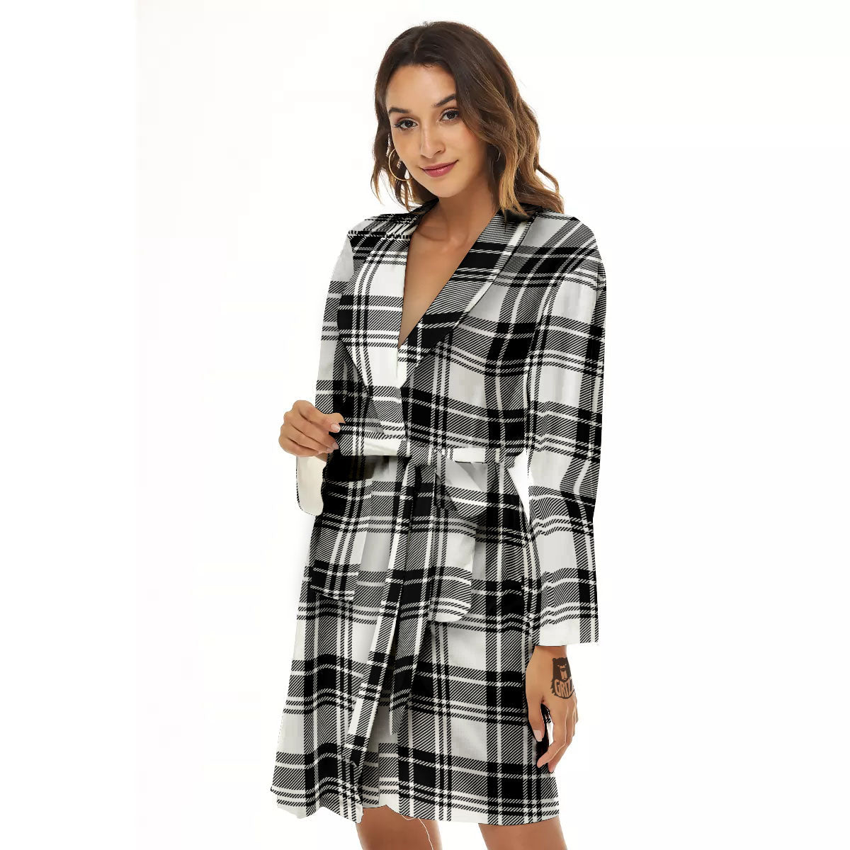Plaid White And Black Print Pattern Women's Robe-grizzshop