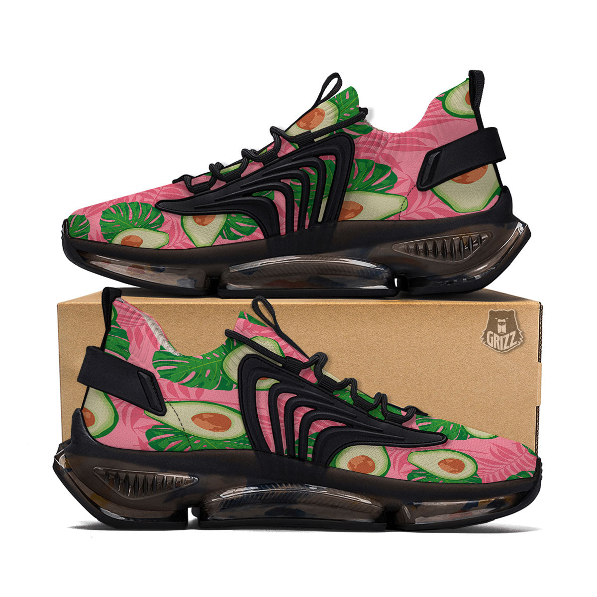 Plam Leaf And Avocado Pink Print Pattern Black Gym Shoes-grizzshop