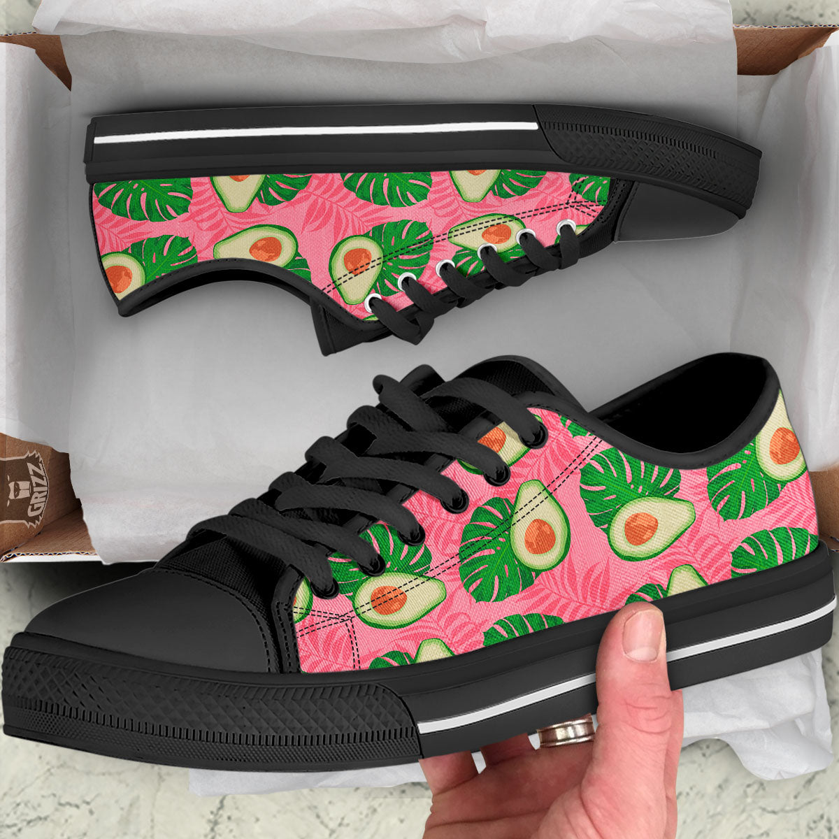 Plam Leaf And Avocado Pink Print Pattern Black Low Top Shoes-grizzshop