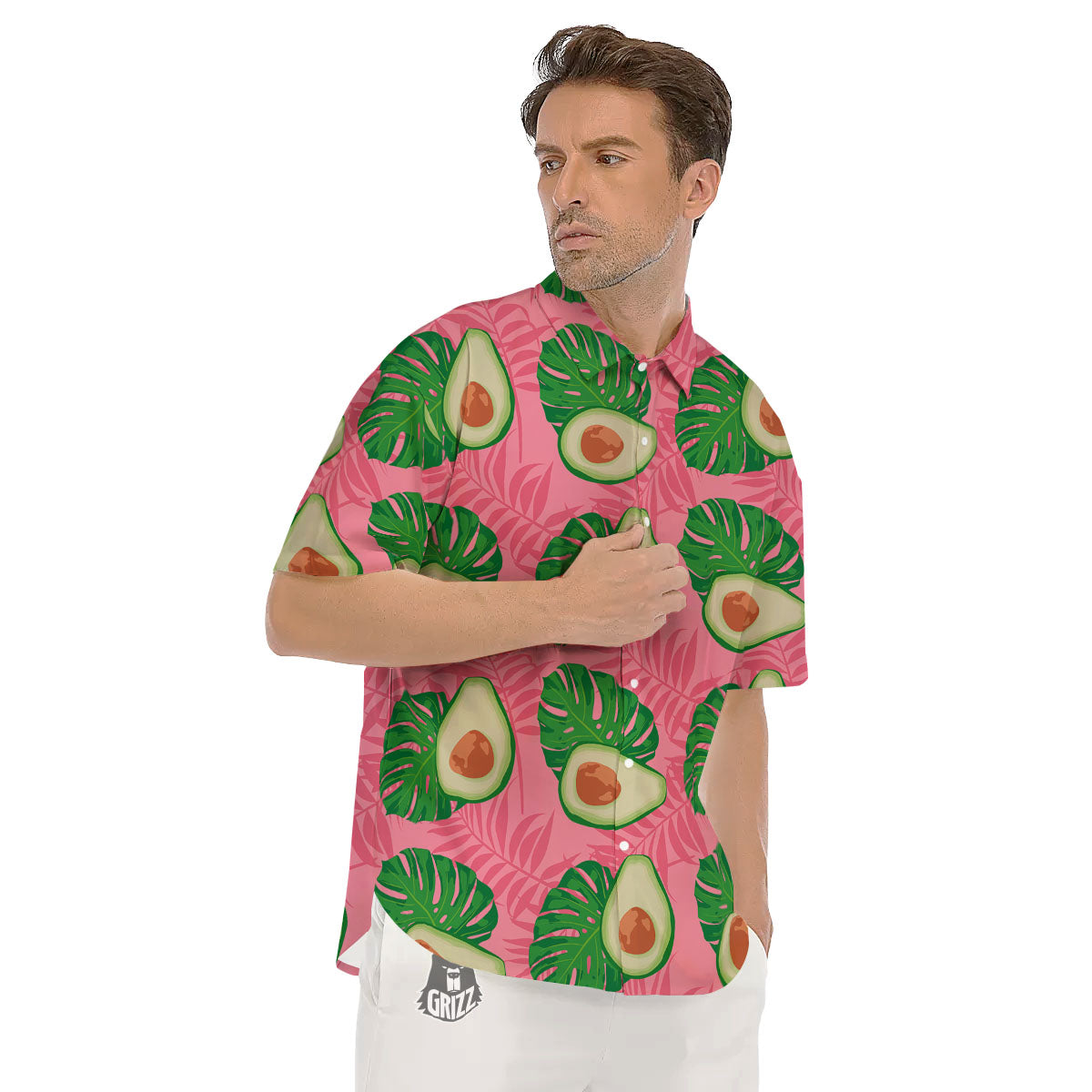 Plam Leaf And Avocado Pink Print Pattern Men's Short Sleeve Shirts-grizzshop