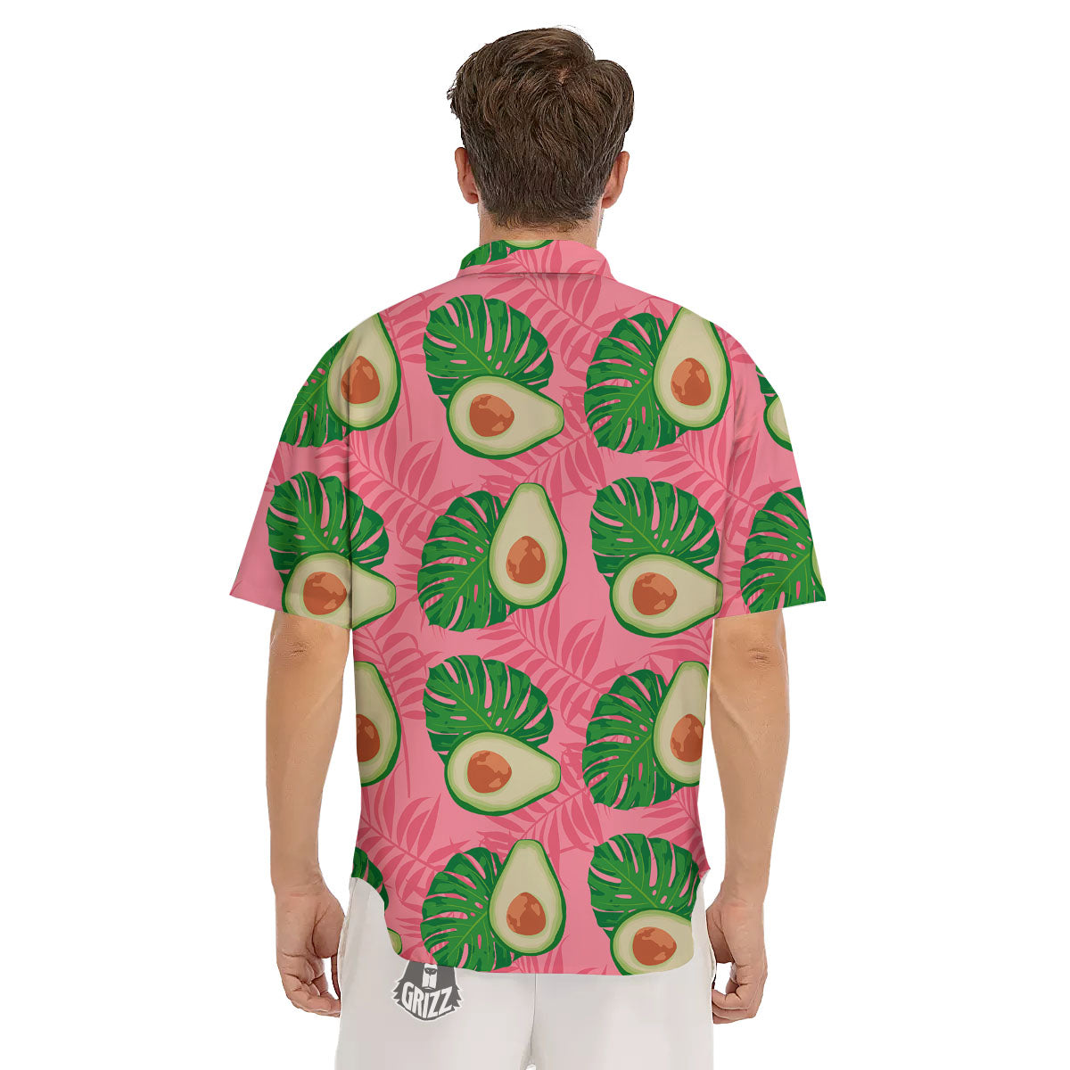 Plam Leaf And Avocado Pink Print Pattern Men's Short Sleeve Shirts-grizzshop