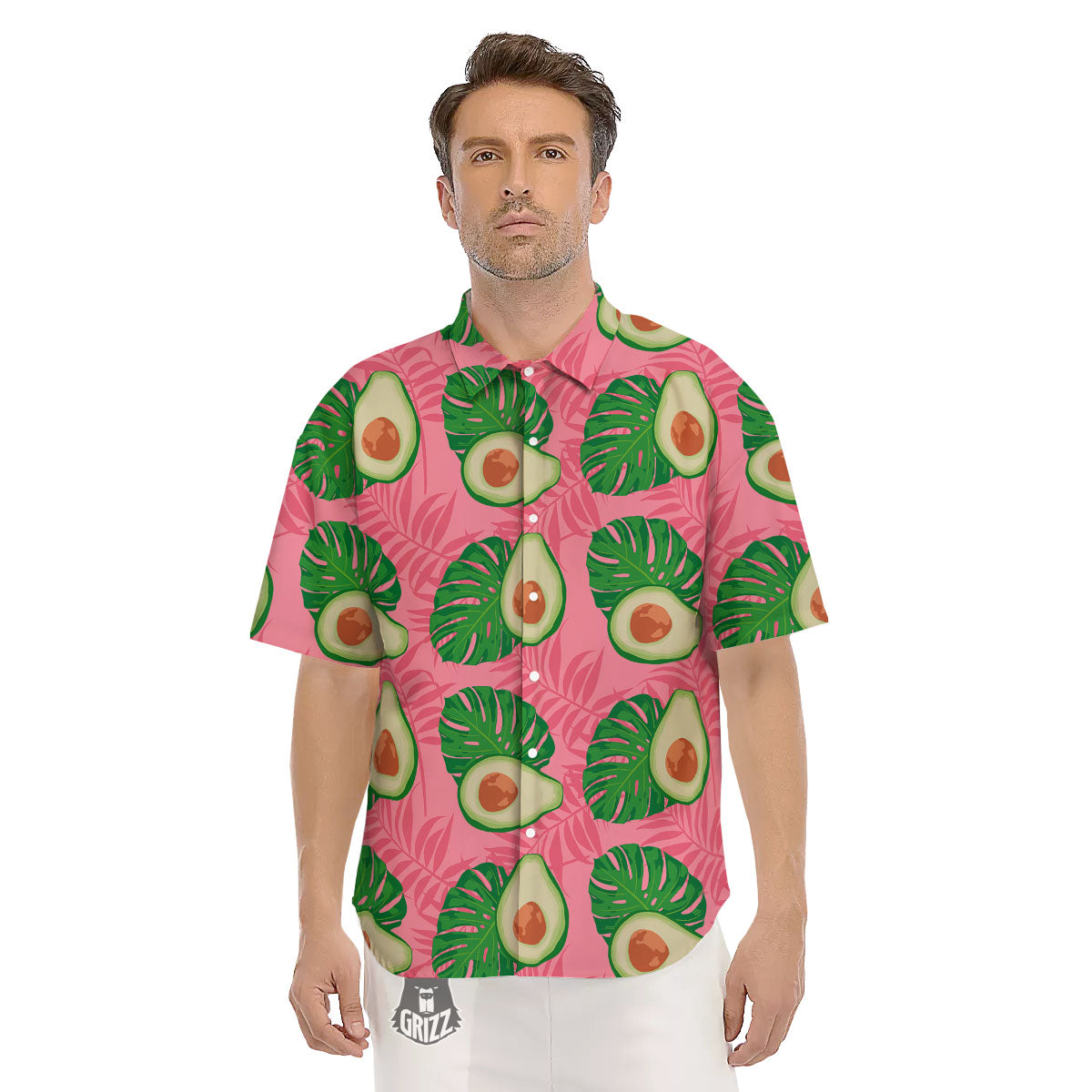 Plam Leaf And Avocado Pink Print Pattern Men's Short Sleeve Shirts-grizzshop