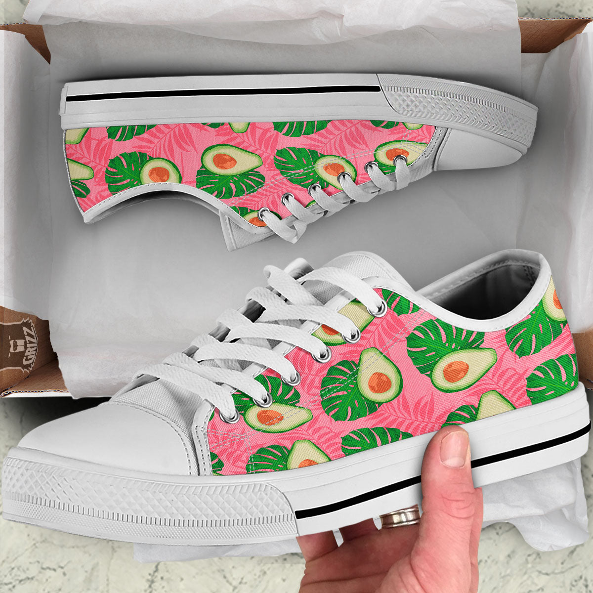 Plam Leaf And Avocado Pink Print Pattern White Low Top Shoes-grizzshop