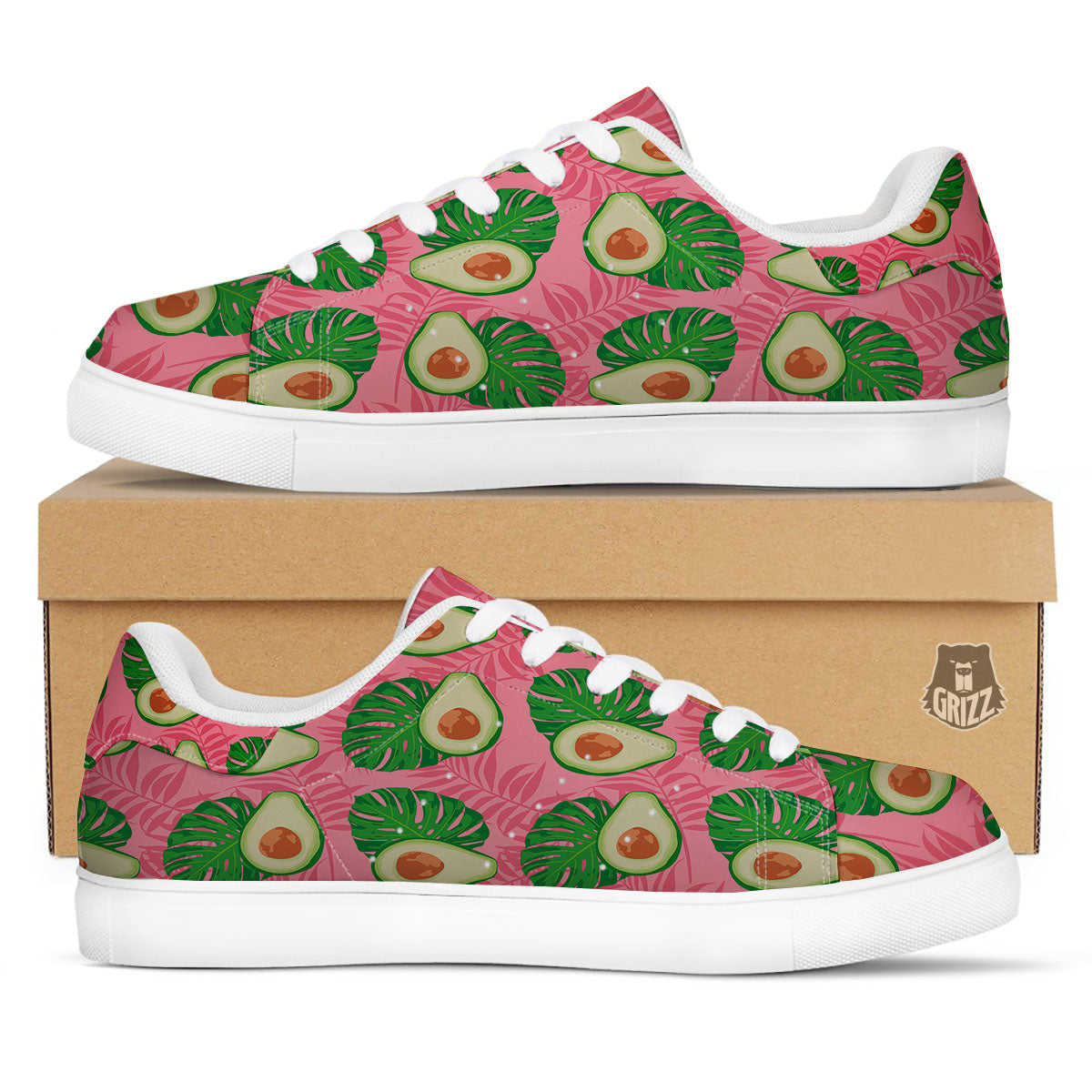 Plam Leaf And Avocado Pink Print Pattern White Low Top Sneakers-grizzshop