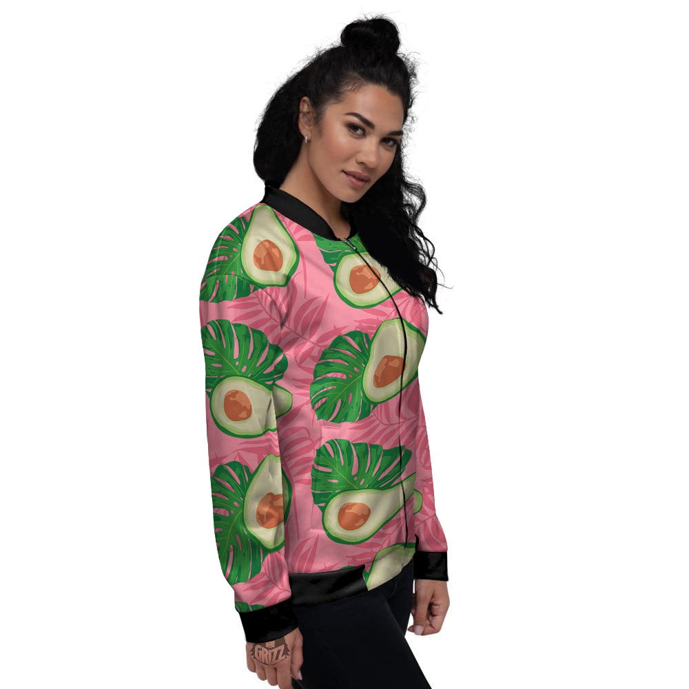 Plam Leaf And Avocado Pink Print Pattern Women's Bomber Jacket-grizzshop