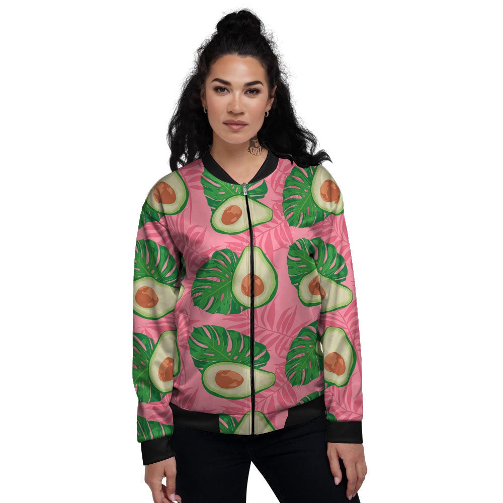 Plam Leaf And Avocado Pink Print Pattern Women's Bomber Jacket-grizzshop