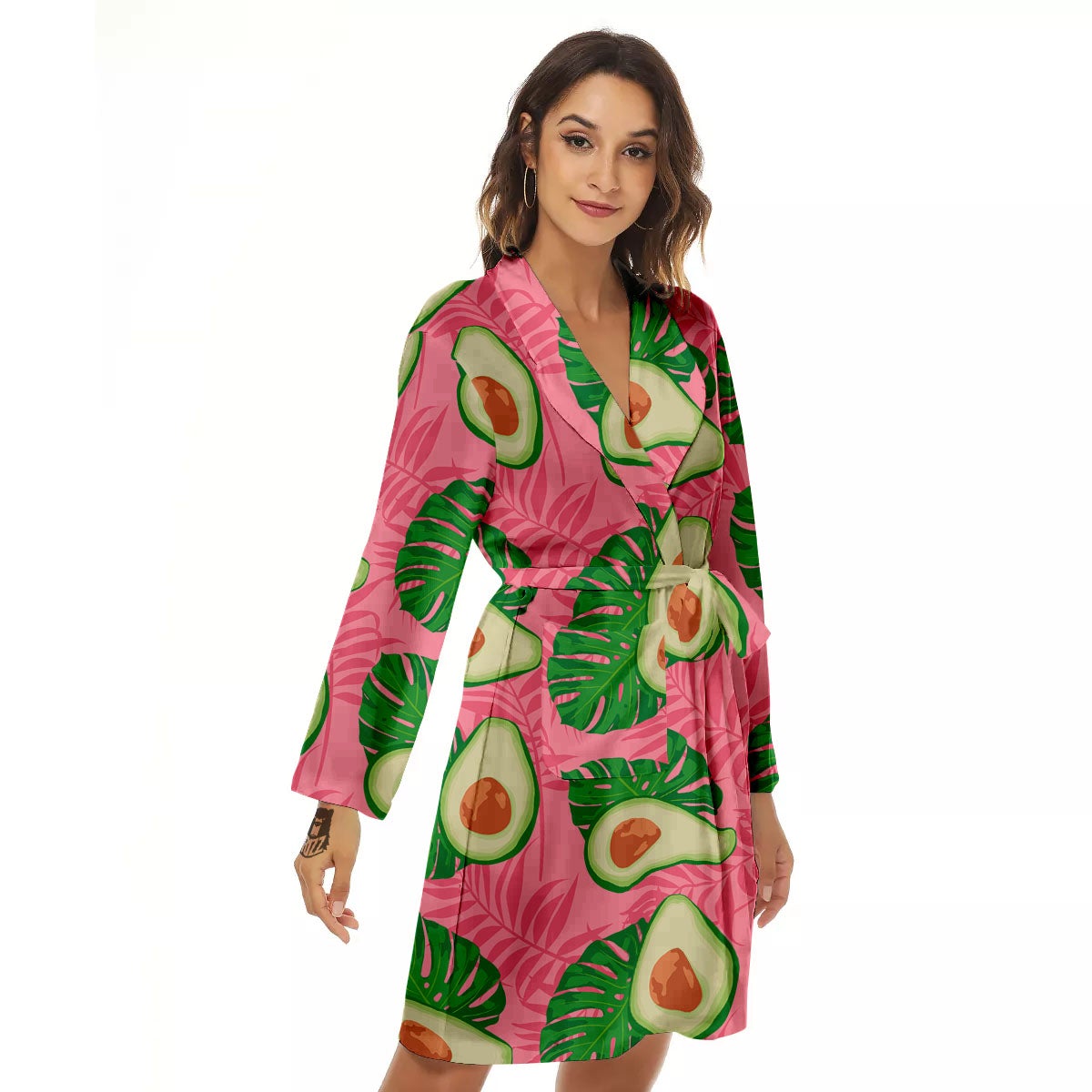 Plam Leaf And Avocado Pink Print Pattern Women's Robe-grizzshop