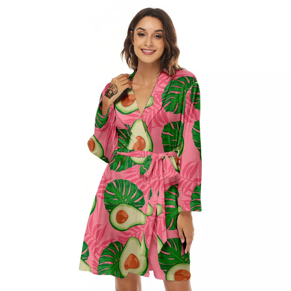 Plam Leaf And Avocado Pink Print Pattern Women's Robe-grizzshop