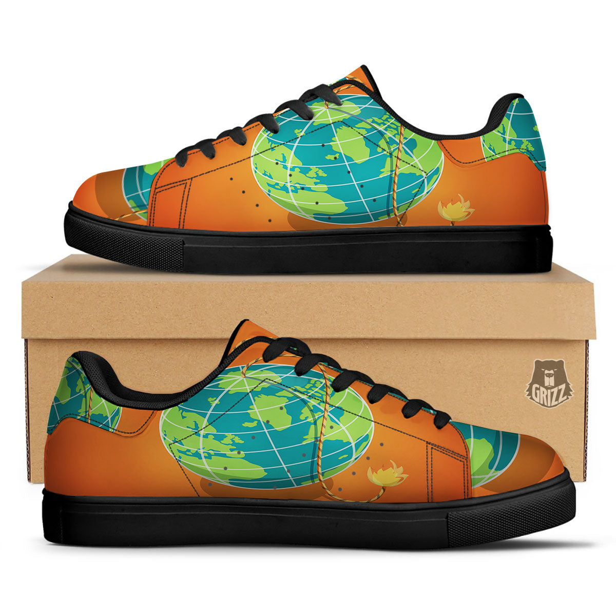 Planet Earth With Burning Fuse Orange Print Black Low Top Sneakers-grizzshop