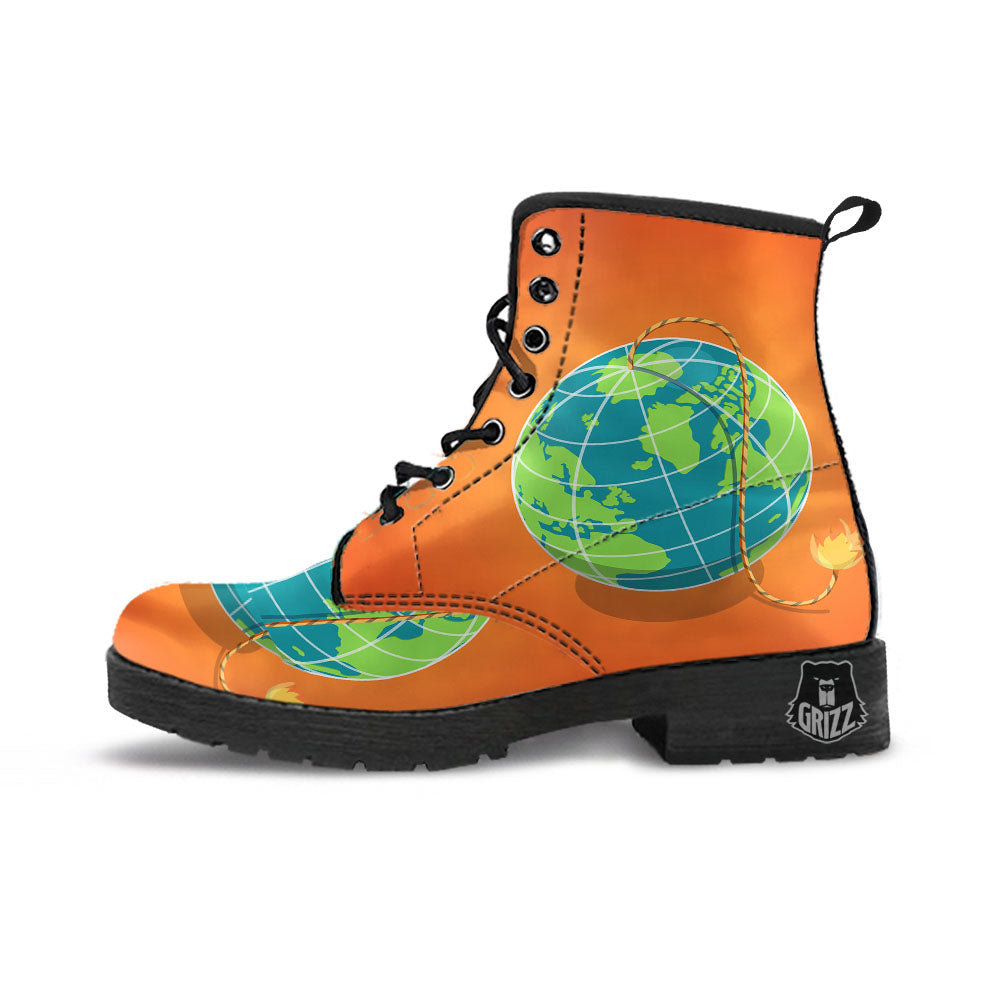 Planet Earth With Burning Fuse Orange Print Leather Boots-grizzshop