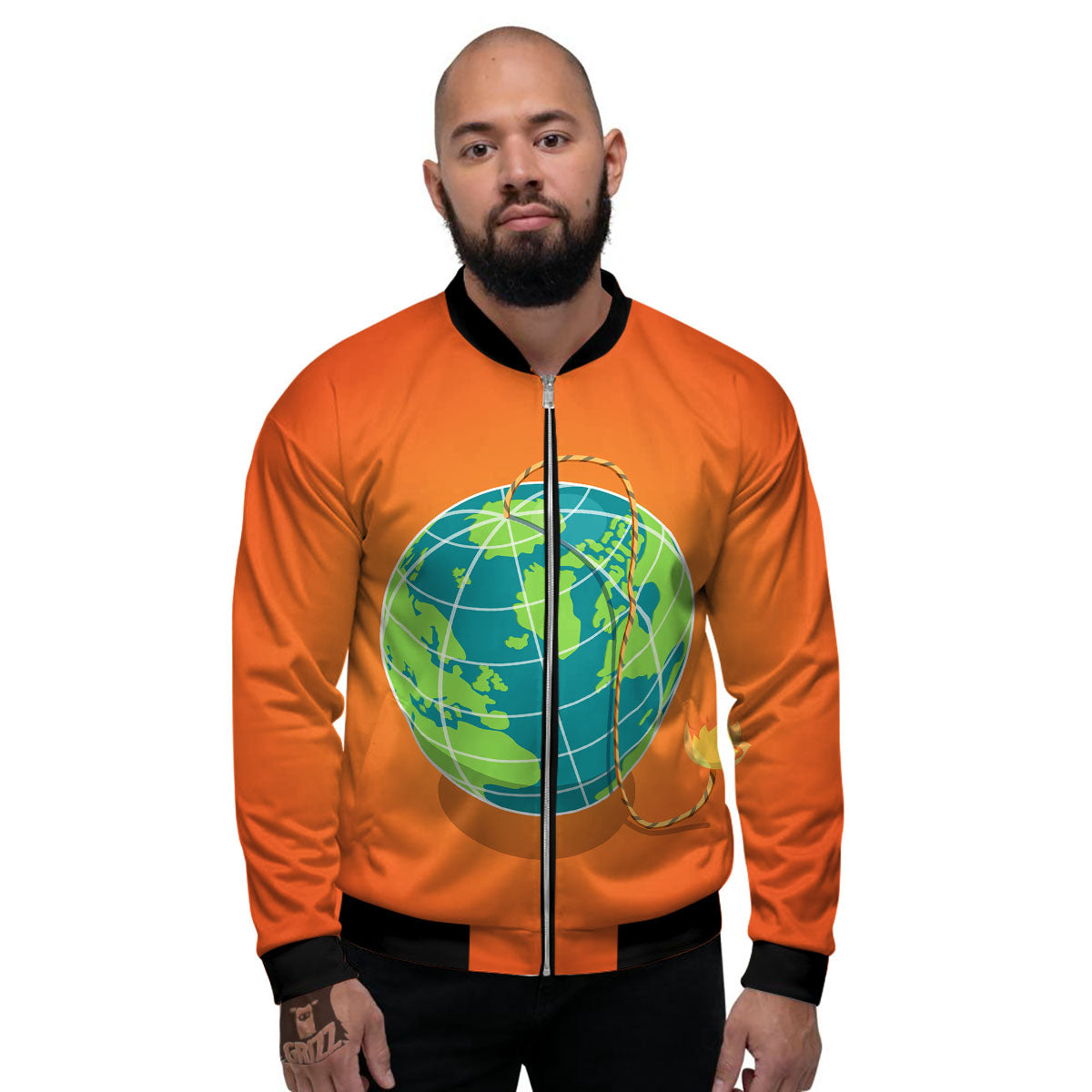 Planet Earth With Burning Fuse Orange Print Men's Bomber Jacket-grizzshop