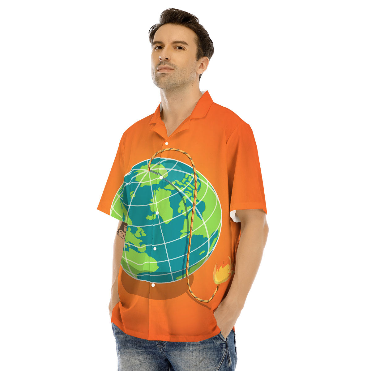 Planet Earth With Burning Fuse Orange Print Men's Hawaiian Shirt-grizzshop