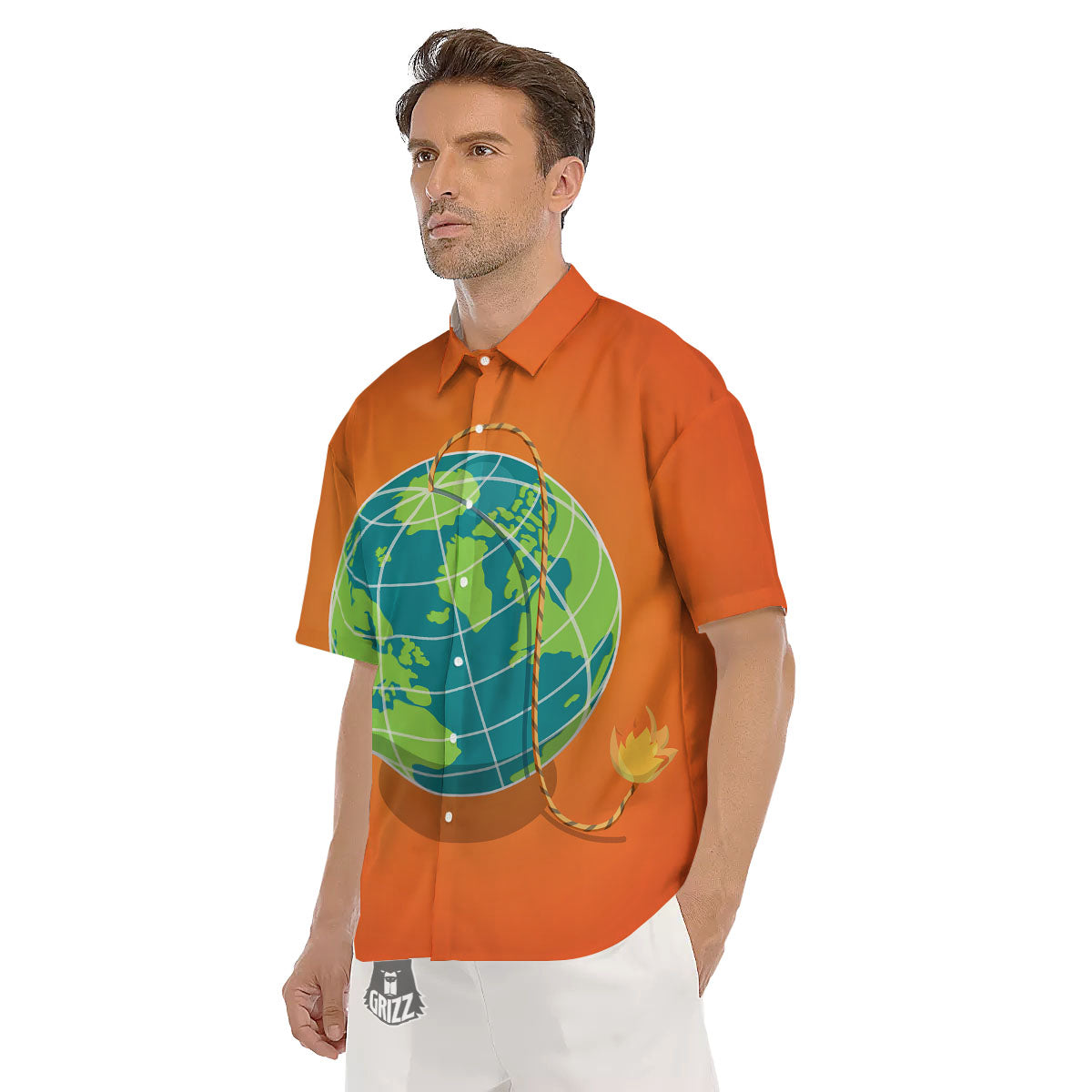 Planet Earth With Burning Fuse Orange Print Men's Short Sleeve Shirts-grizzshop