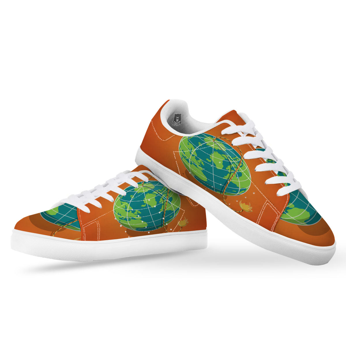 Planet Earth With Burning Fuse Orange Print White Low Top Sneakers-grizzshop