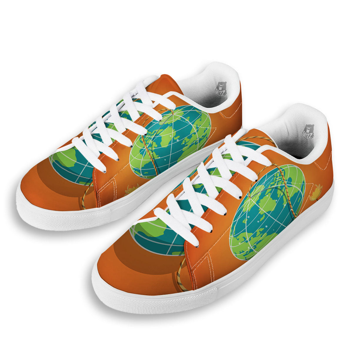 Planet Earth With Burning Fuse Orange Print White Low Top Sneakers-grizzshop