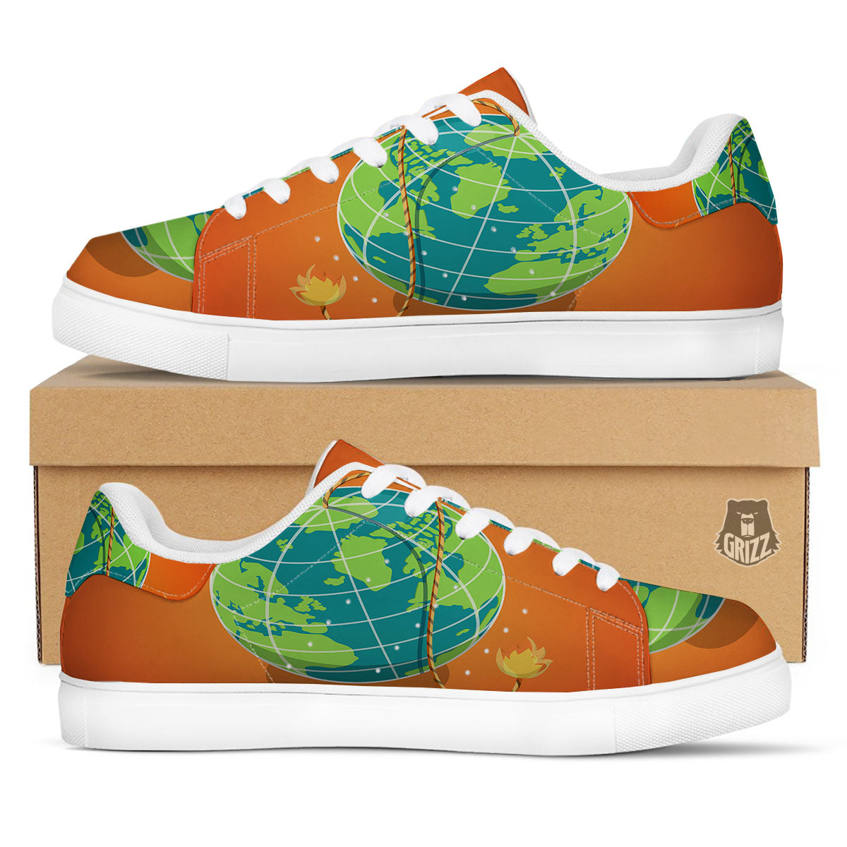 Planet Earth With Burning Fuse Orange Print White Low Top Sneakers-grizzshop