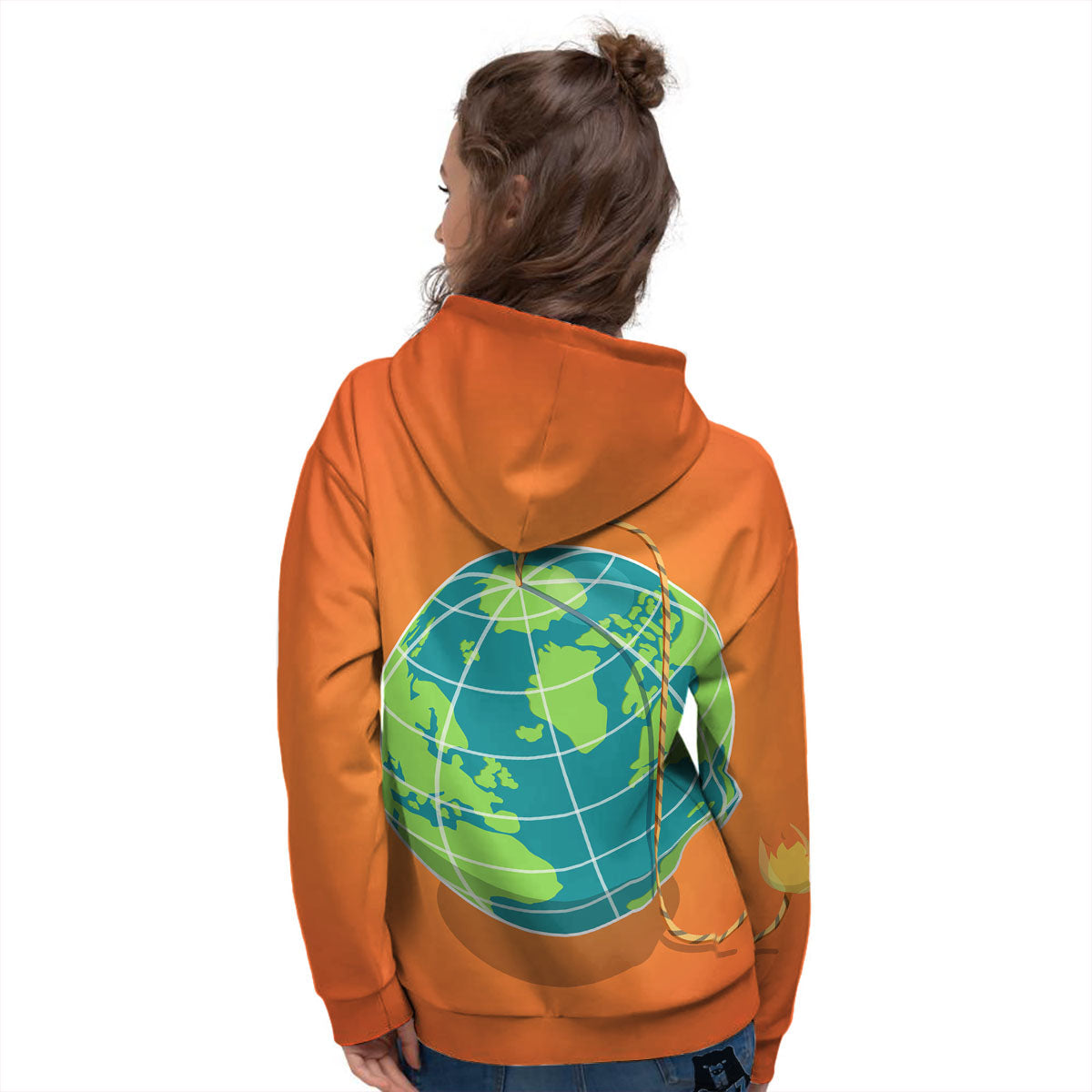 Planet Earth With Burning Fuse Orange Print Women's Hoodie-grizzshop