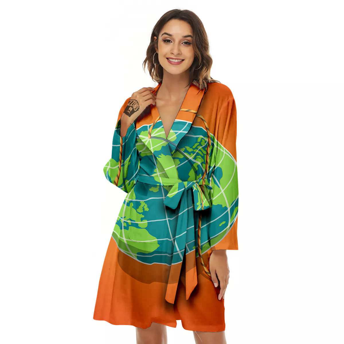 Planet Earth With Burning Fuse Orange Print Women's Robe-grizzshop