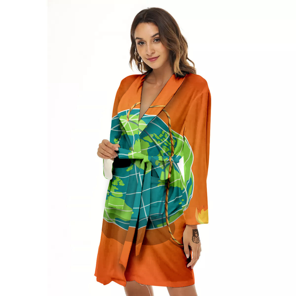 Planet Earth With Burning Fuse Orange Print Women's Robe-grizzshop