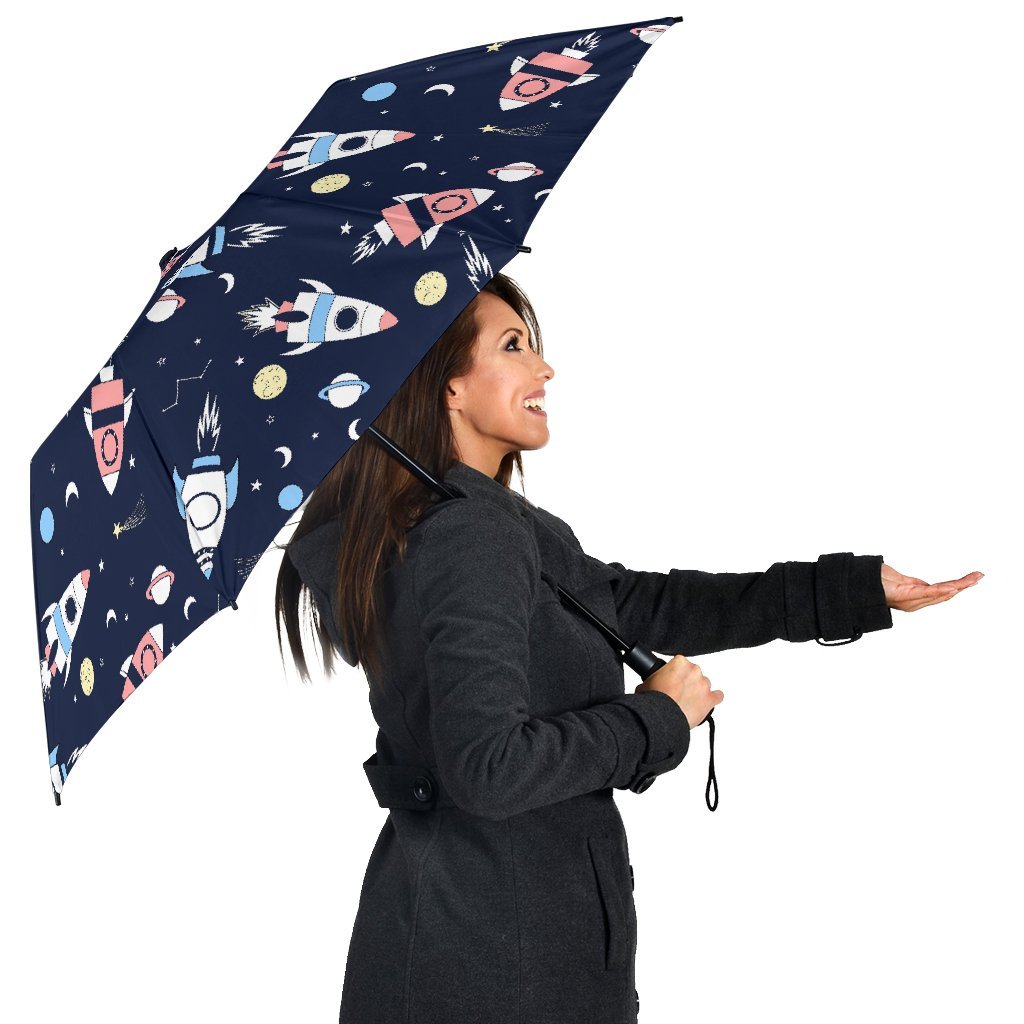 Planet Spaceship Pattern Print Automatic Foldable Umbrella-grizzshop