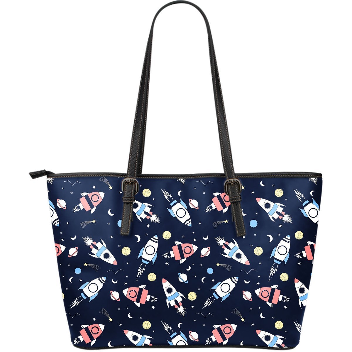 Planet Spaceship Pattern Print Leather Tote Bag-grizzshop