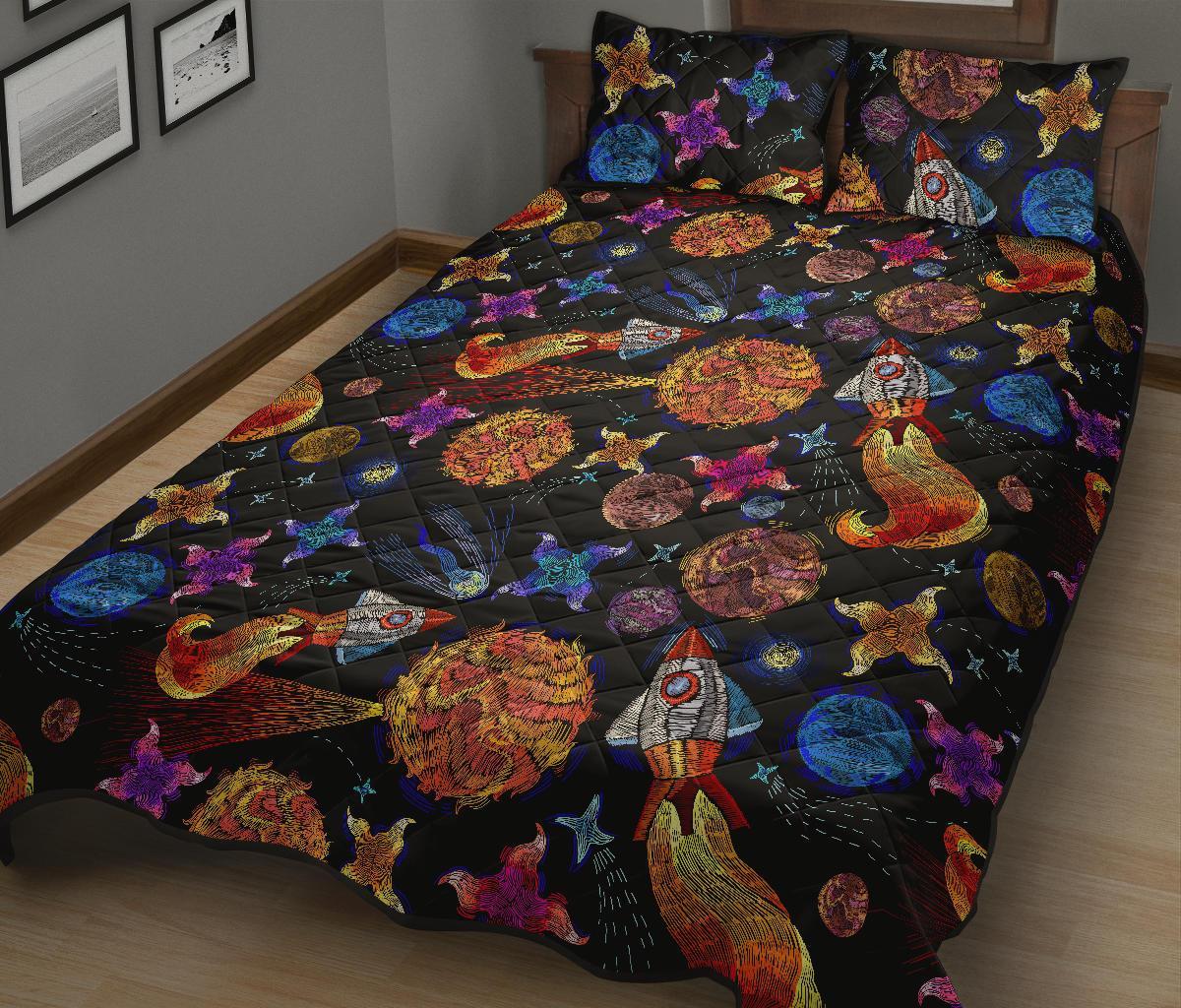 Planet Spaceship Print Pattern Bed Set Quilt-grizzshop