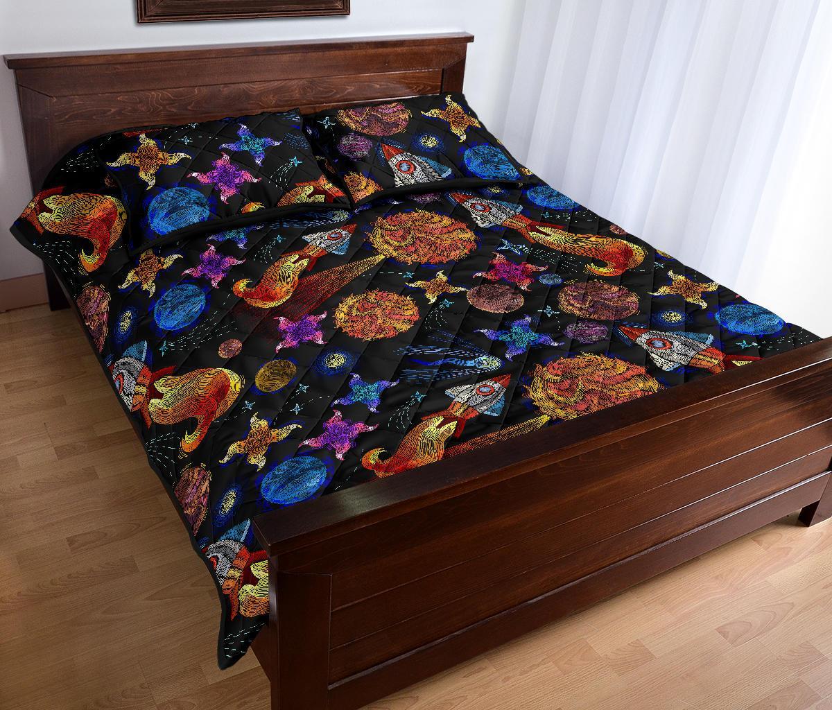 Planet Spaceship Print Pattern Bed Set Quilt-grizzshop