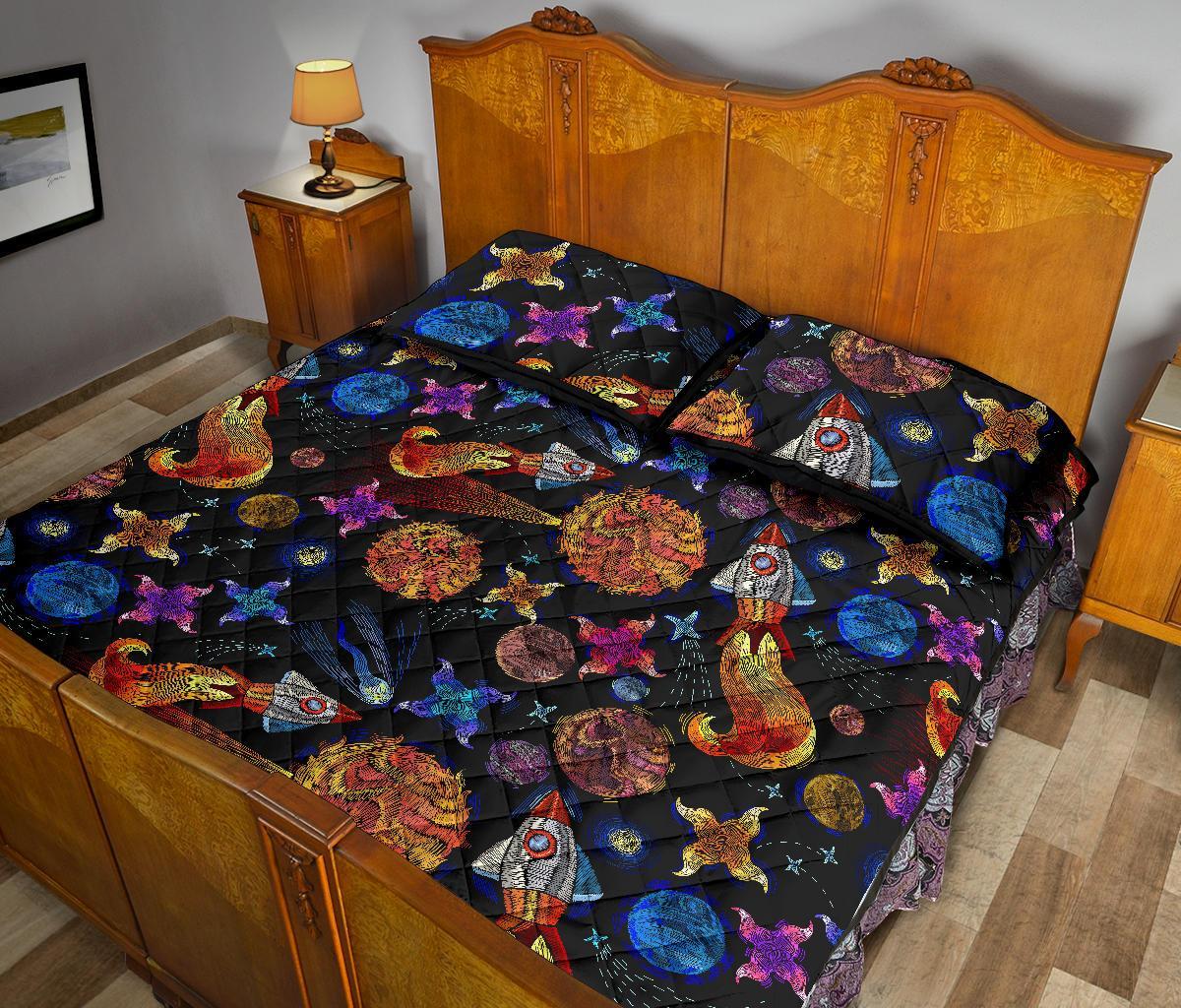 Planet Spaceship Print Pattern Bed Set Quilt-grizzshop