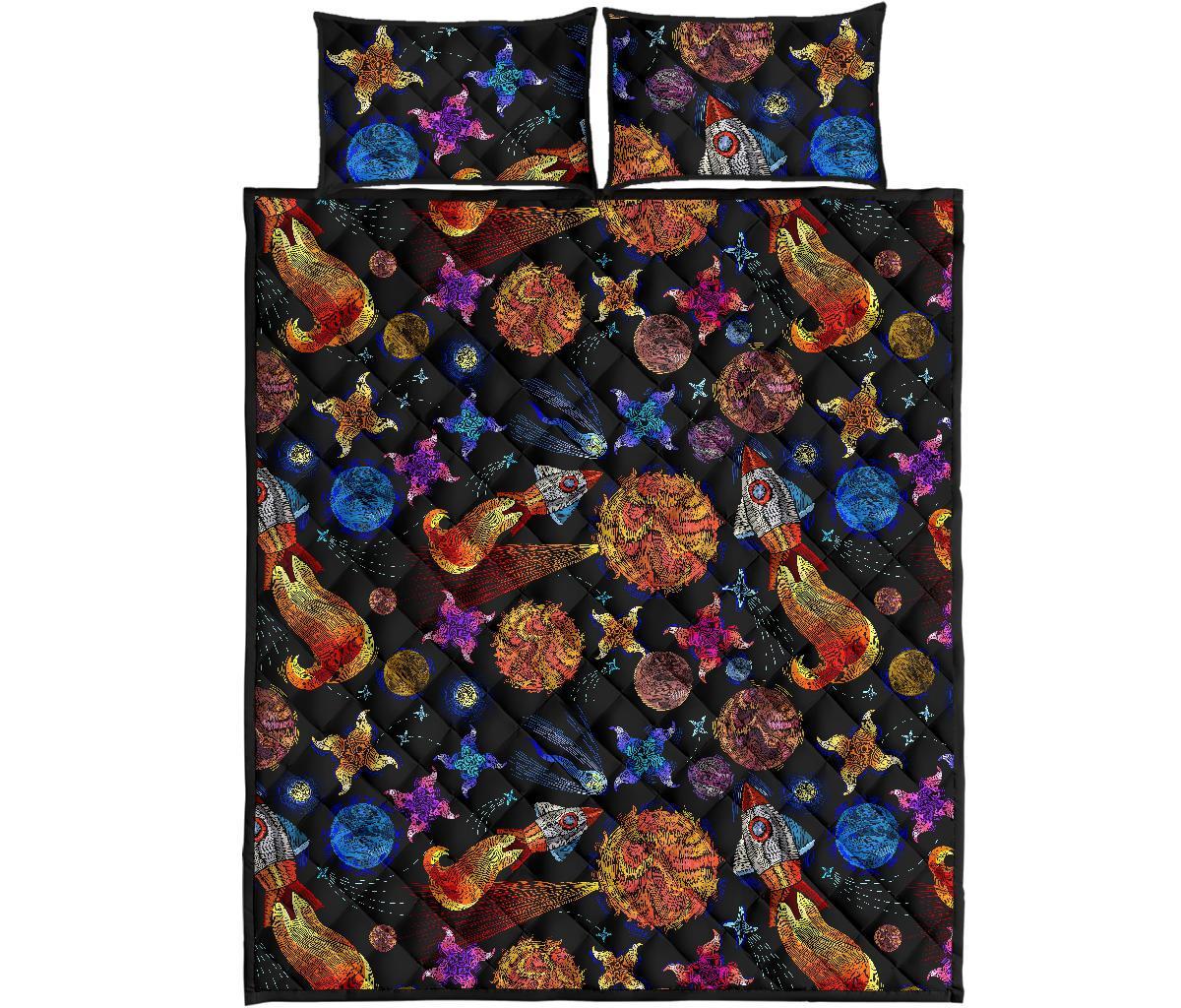Planet Spaceship Print Pattern Bed Set Quilt-grizzshop