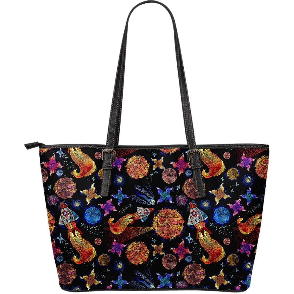 Planet Spaceship Print Pattern Leather Tote Bag-grizzshop
