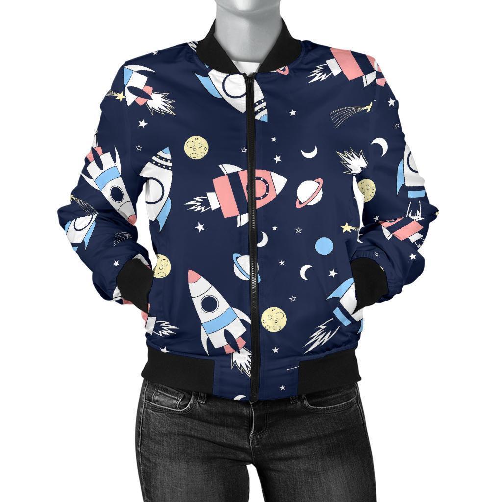 Planet Spaceship Pattern Print Women Casual Bomber Jacket-grizzshop