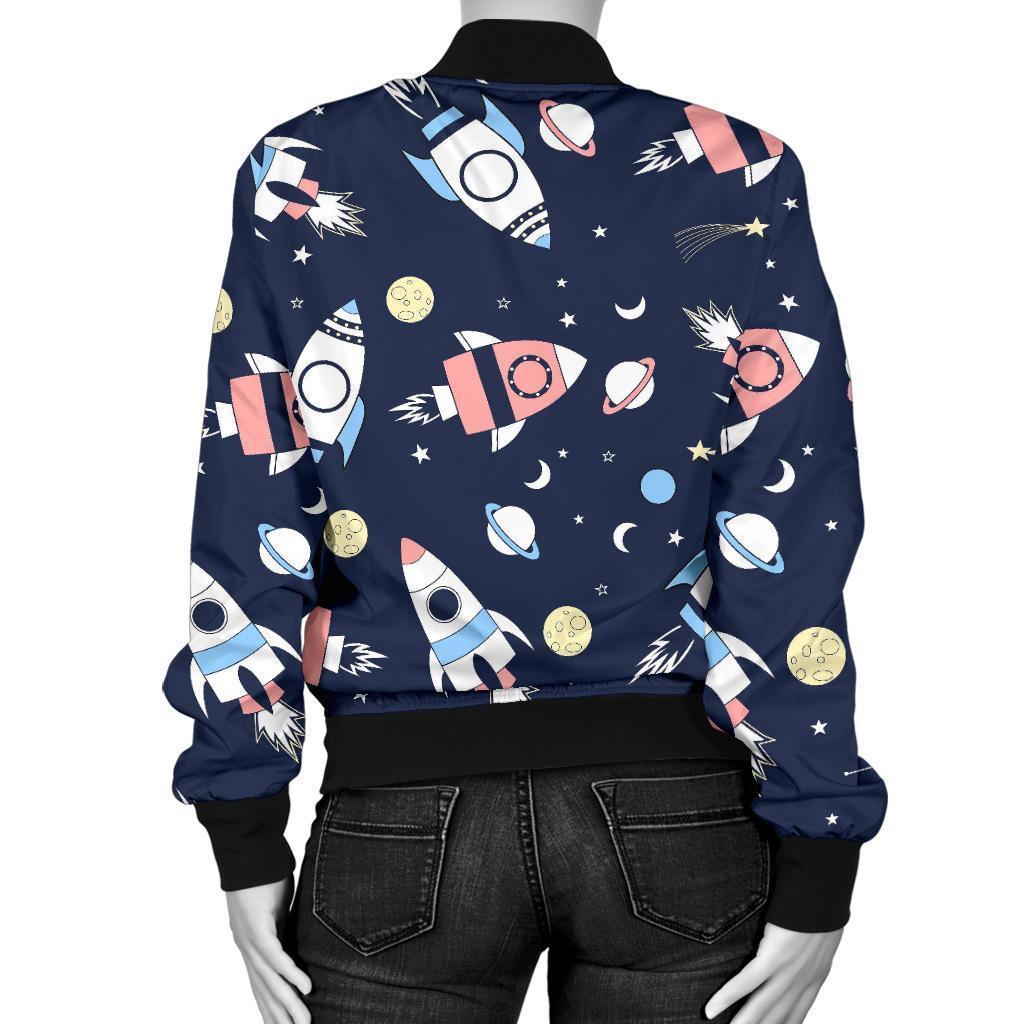 Planet Spaceship Pattern Print Women Casual Bomber Jacket-grizzshop