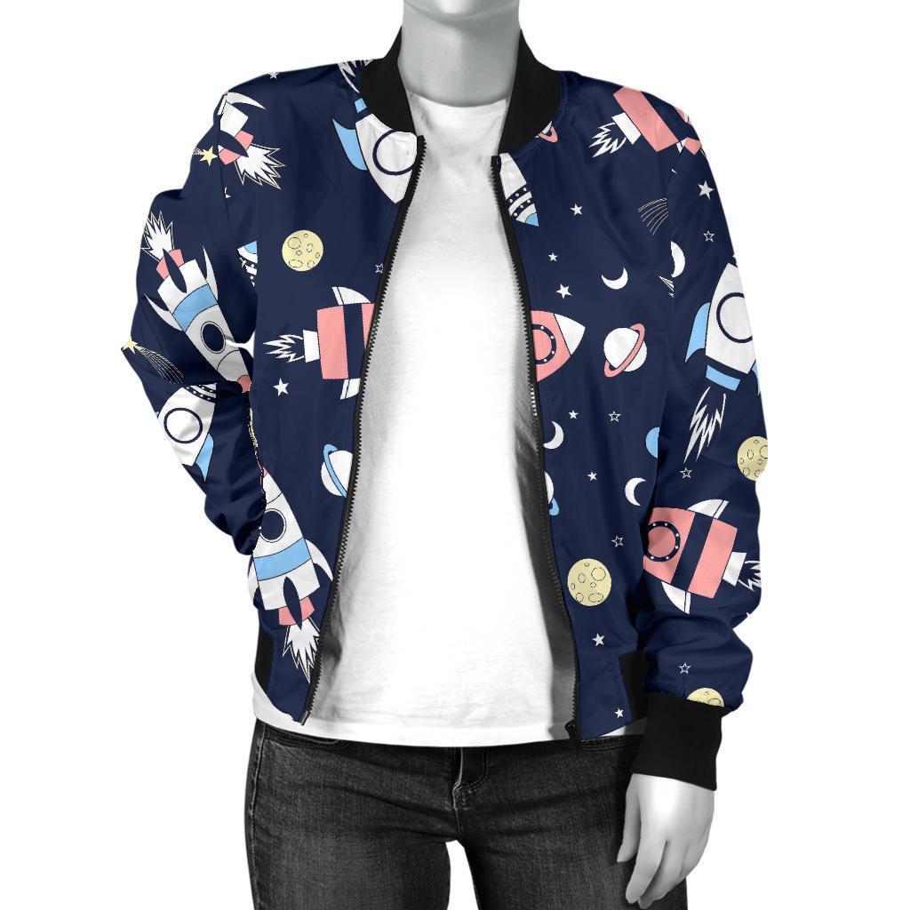 Planet Spaceship Pattern Print Women Casual Bomber Jacket-grizzshop