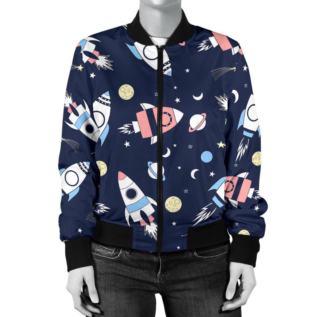 Planet Spaceship Pattern Print Women Casual Bomber Jacket-grizzshop