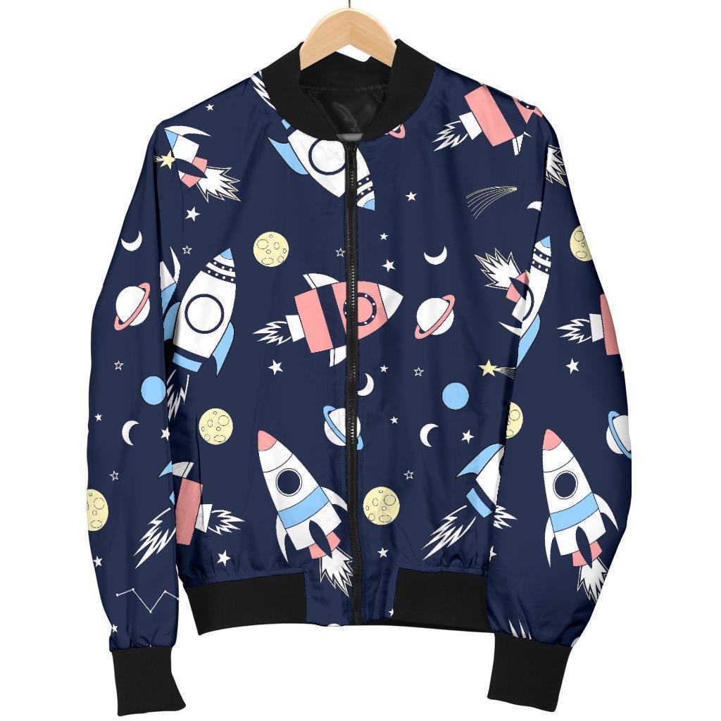 Planet Spaceship Pattern Print Women Casual Bomber Jacket-grizzshop
