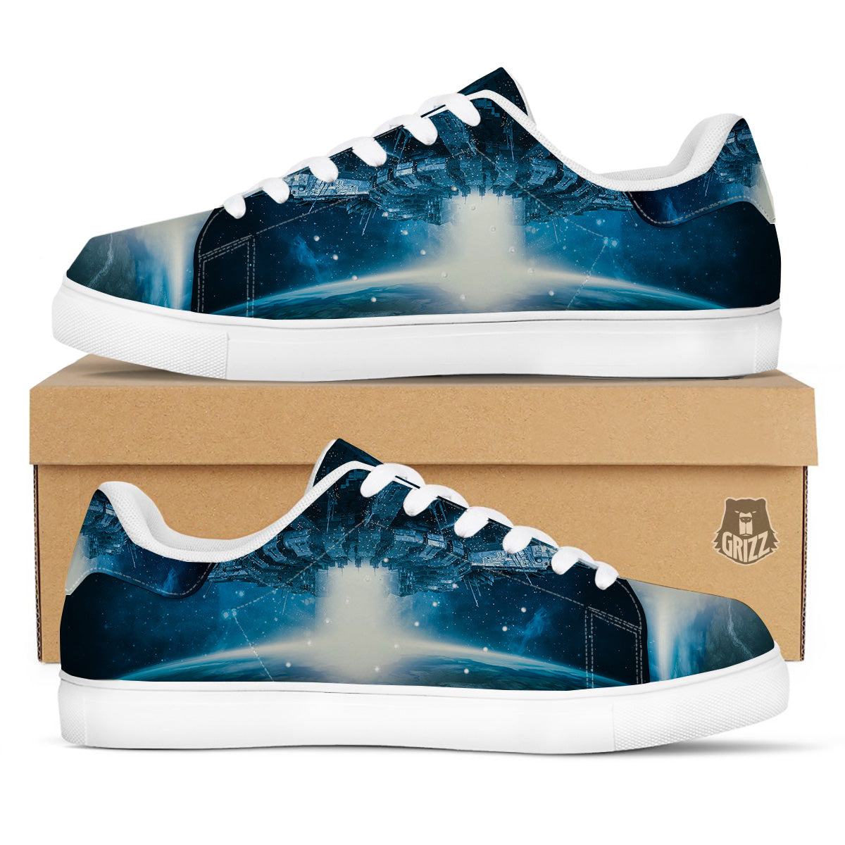 Planetary Invasion Print White Low Top Sneakers-grizzshop