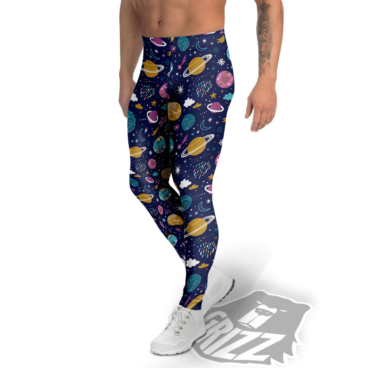 Planets Doodle Print Pattern Men's Leggings-grizzshop