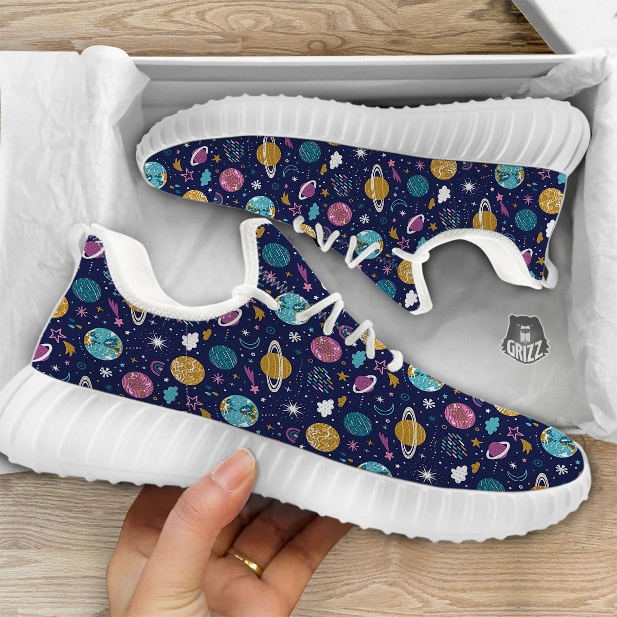 Planets Doodle Print Pattern White Walking Shoes-grizzshop