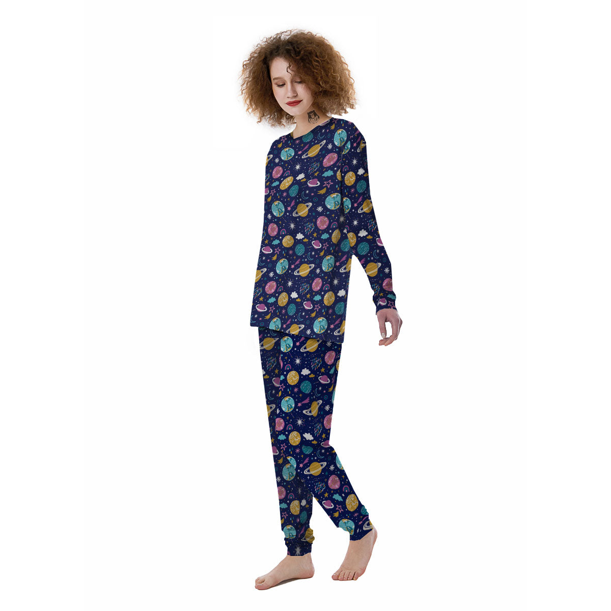 Planets Doodle Print Pattern Women's Pajamas-grizzshop