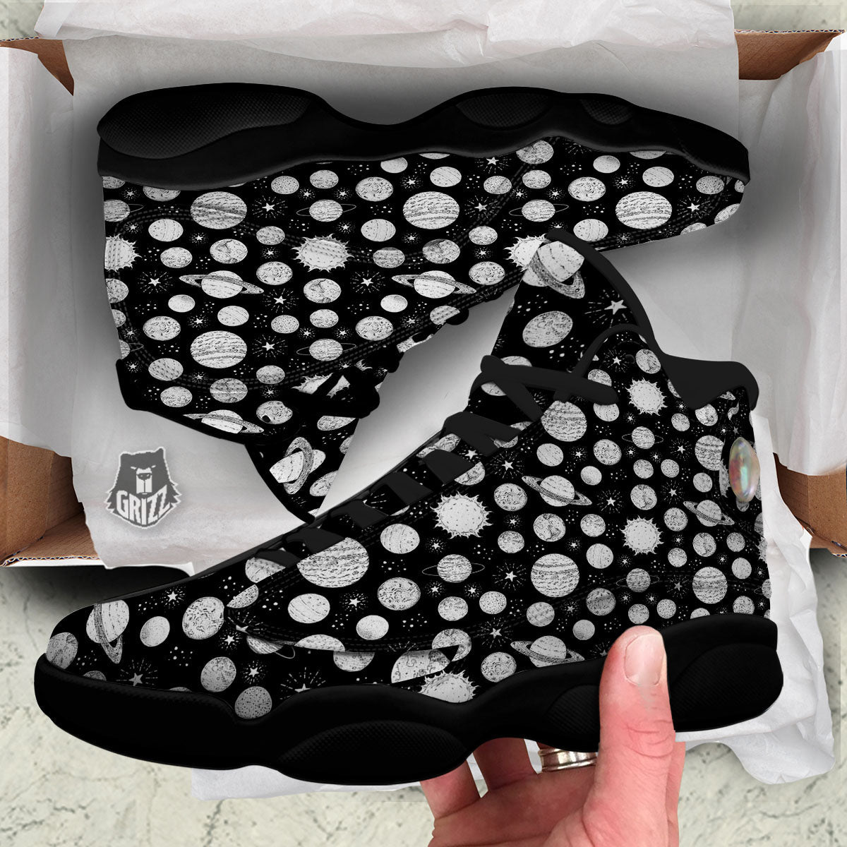 Planets White And Black Print Pattern Black Basketball Shoes-grizzshop