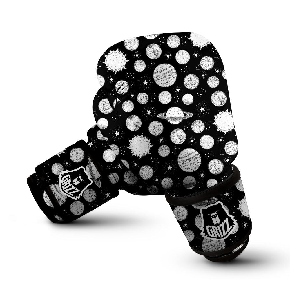 Planets White And Black Print Pattern Boxing Gloves-grizzshop