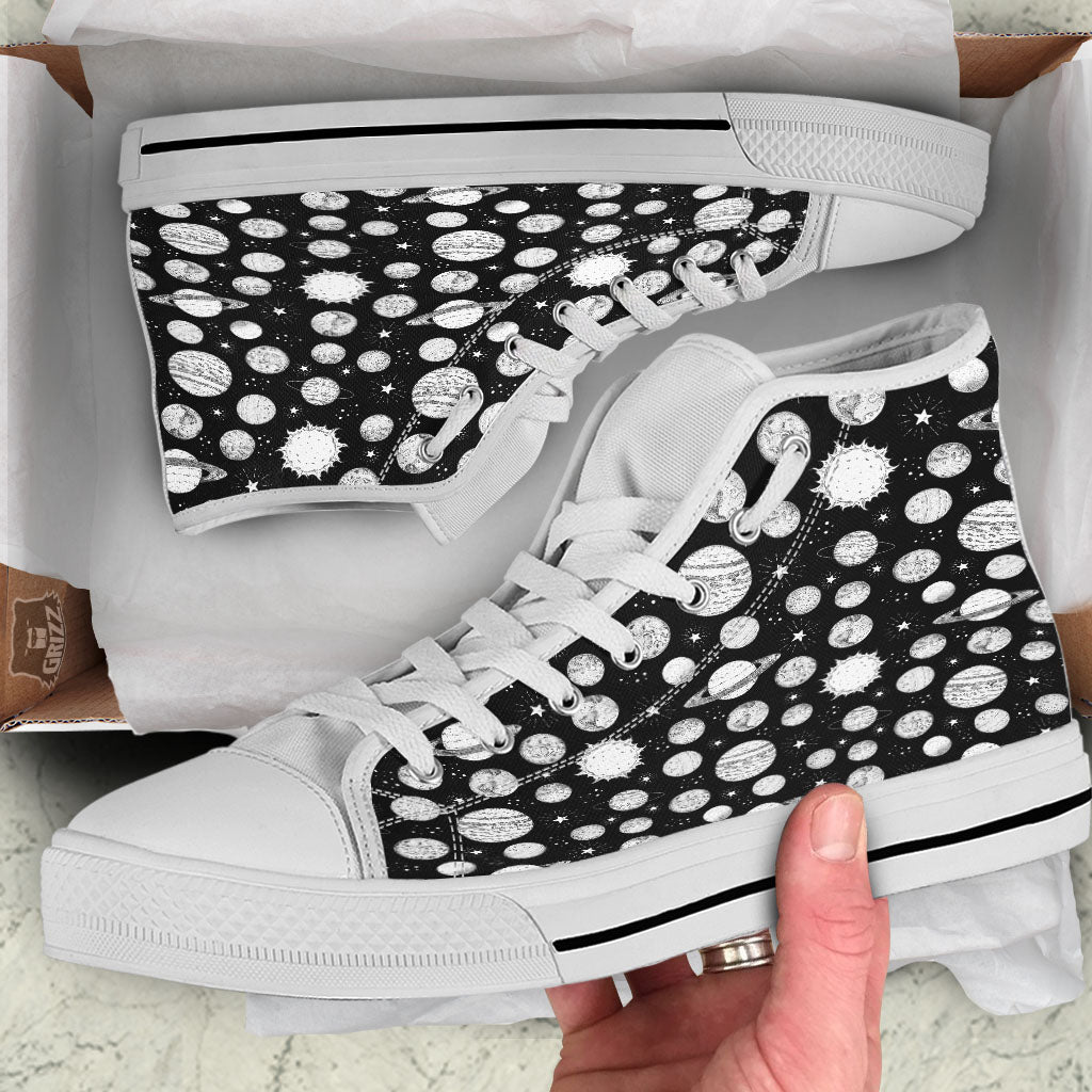 Planets White And Black Print Pattern White High Top Shoes-grizzshop