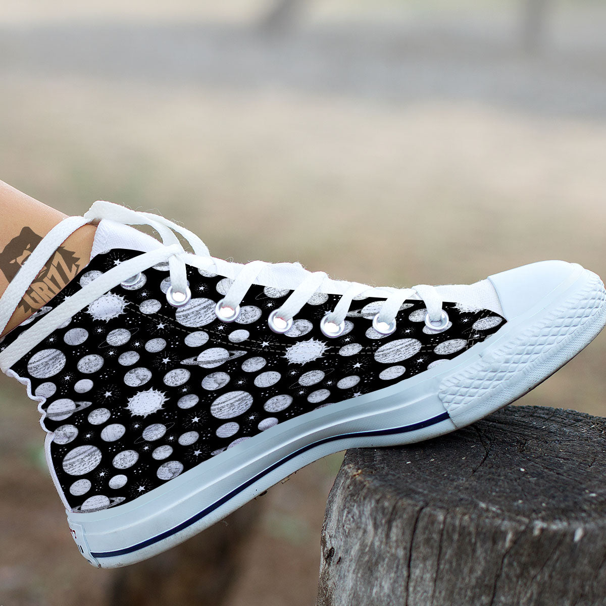 Planets White And Black Print Pattern White High Top Shoes-grizzshop