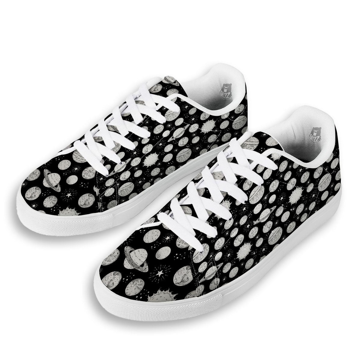 Planets White And Black Print Pattern White Low Top Sneakers-grizzshop